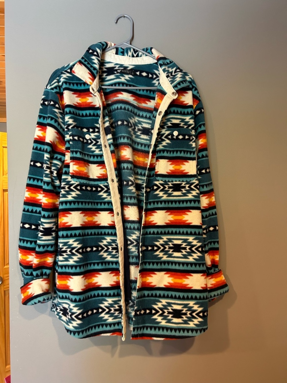 Aztec-Print Hooded Fleece Cardigan in Teal and Orange